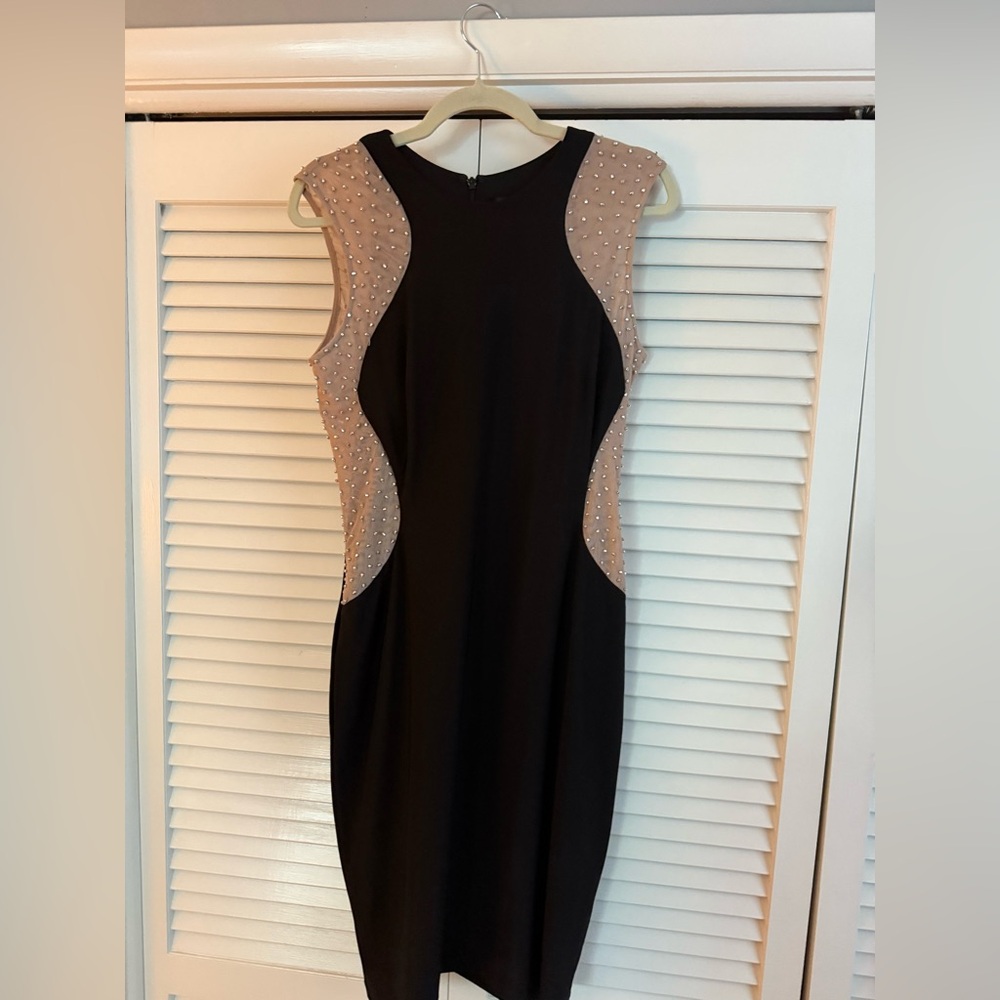 Xscape Black and Tan Studded Midi Dress